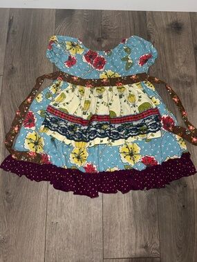Girls Blue Floral Ruffle Dress with Purple Trim
